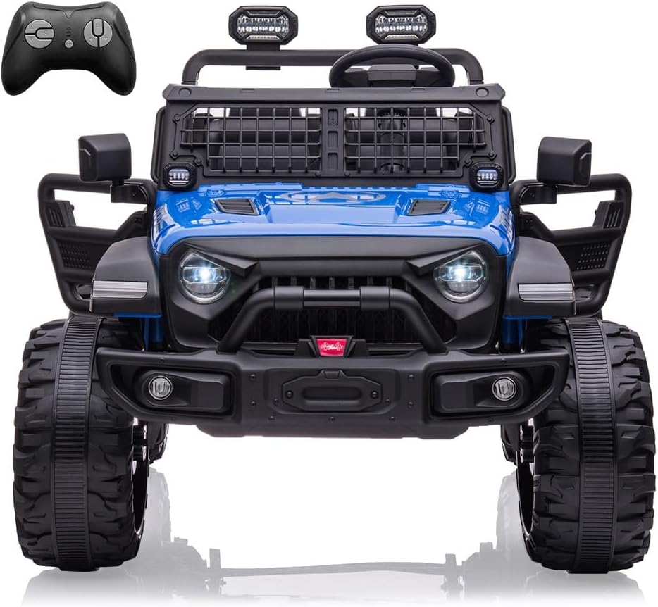 24V 2 Seaters Kids Ride On Truck with Remote Control, 20' Large Seat + 15.5' Large Wheels, Electric Vehicle Car with LED Light,Storage Space, Bottle Holder,Music, Horn,USB for 3-8 Years (Blue)