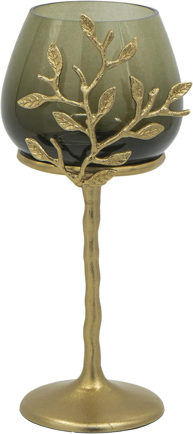 A&B Home Olive Branch Candle Holder - Glass Candle Holder with Gold Metal Base, Decorative Tabletop Lighting, Living Room Coffee Table Accent Piece Dining Table Centerpiece, 6' x 6' x 13'