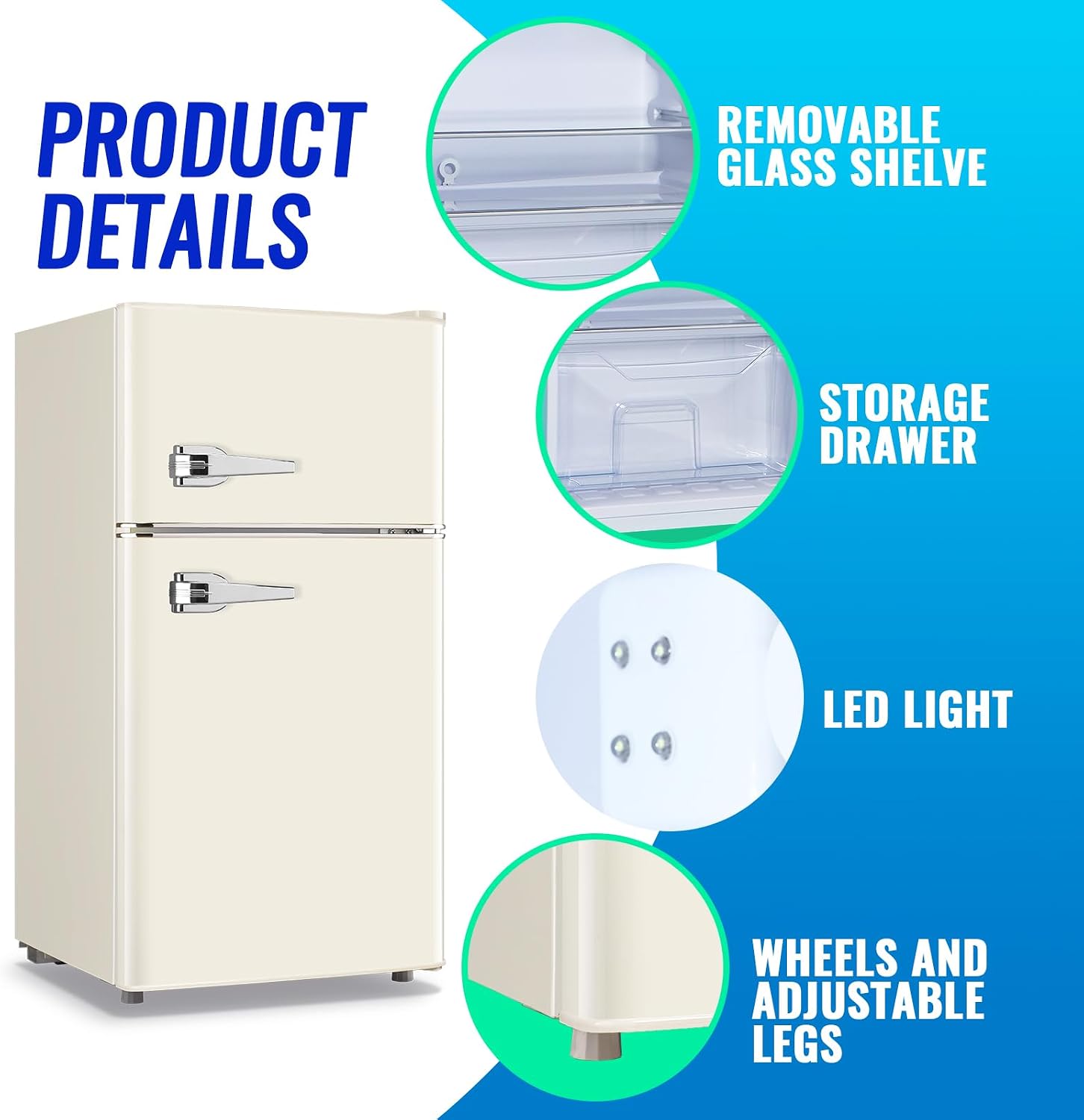 Mini Refrigerator with Freezer Small Fridge Double Door Side Drink Holder Adjustable Glass Shelves, Plastic Crisper, 7 Level Temperature Control for Bedroom, Office, Apartment White