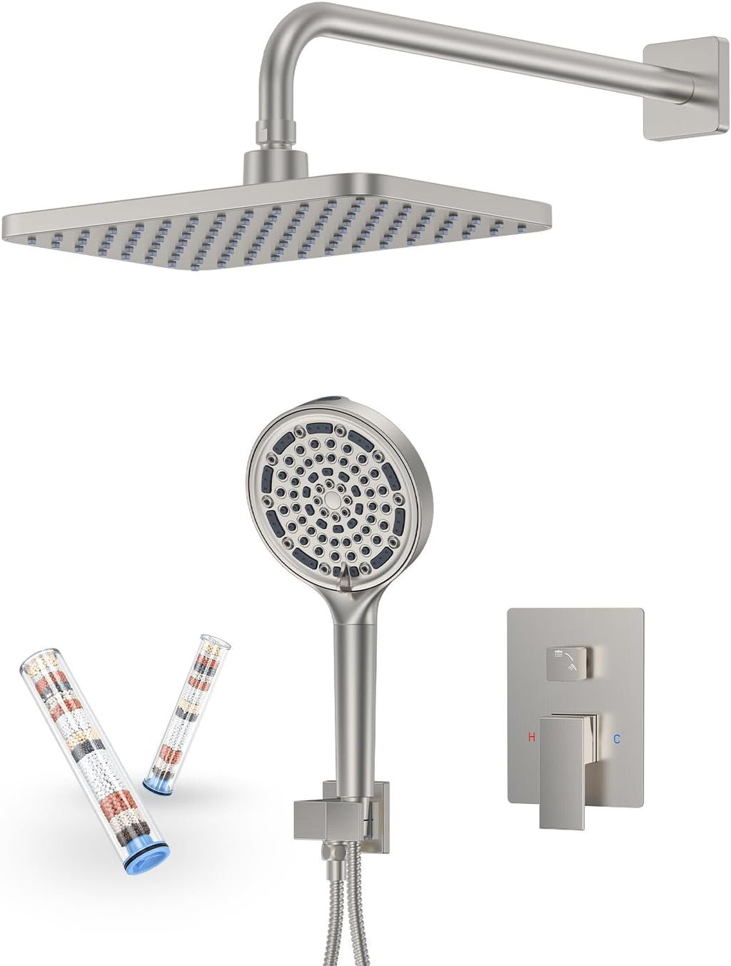 Brushed Nickel 11 Inch Rainfall Shower System – Filtered Handheld Sprayer Shower Head, Complete Bathroom fixtures Set Faucet Mixer Trim & Valve Kit