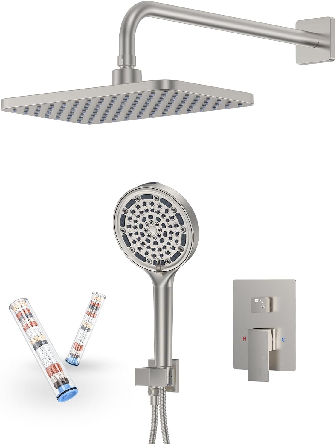 Brushed Nickel 11 Inch Rainfall Shower System – Filtered Handheld Sprayer Shower Head, Complete Bathroom fixtures Set Faucet Mixer Trim & Valve Kit