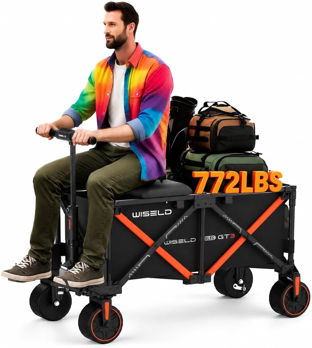 WISELD GT3 Electric Wagon Cart with Seat*1 Battery*1, Dymanic Load 551LBS/Static 772LBS Wagon, Reverse Function, Precision Steering, 2 Modes for Shopping, Sports, Garden, Camping