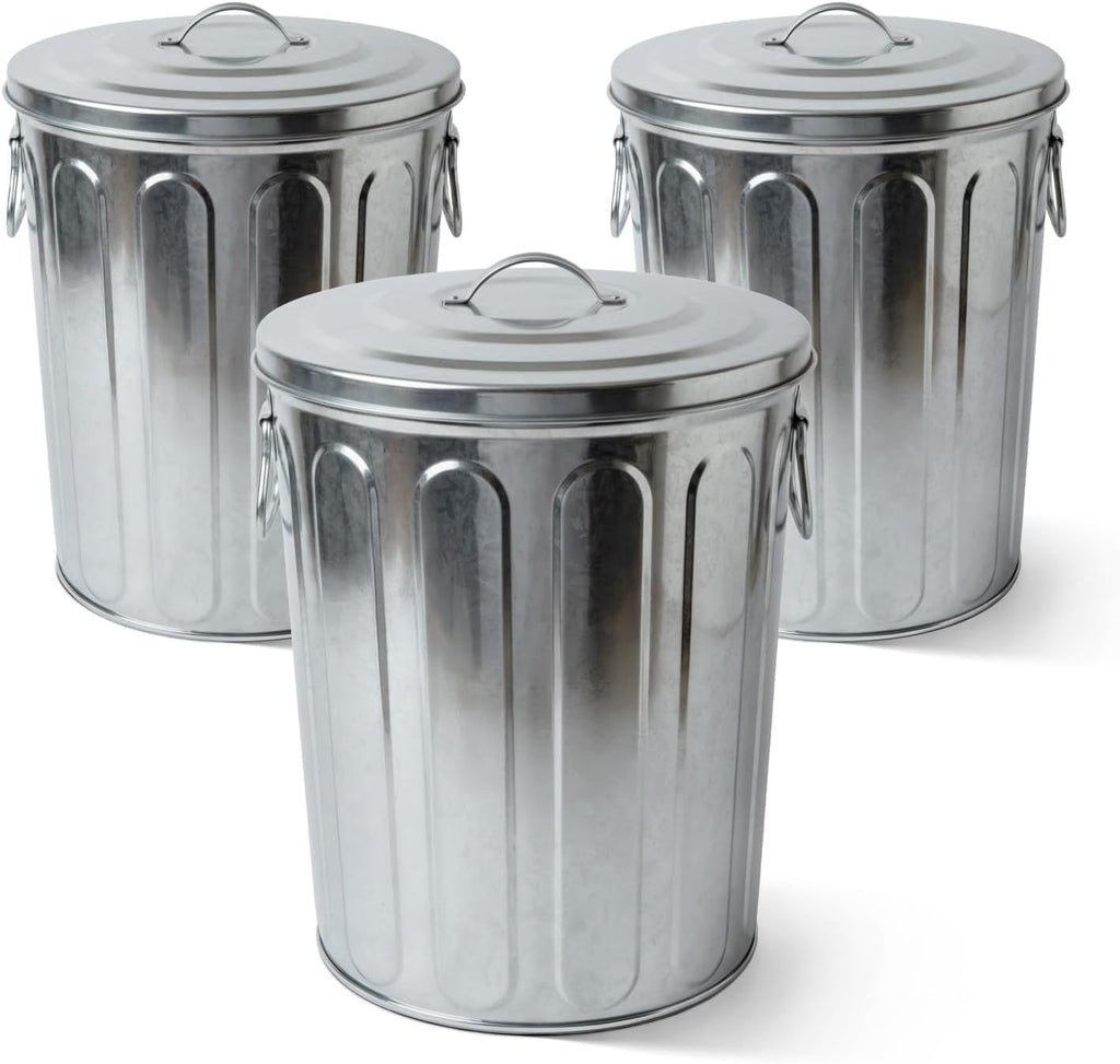 Plexon 5 Gallon Small Metal Trash Can with Lid Outdoor Galvanized Bucket with Lid 5 Gal Fireplace Ash Bucket for Wood Stove Storage Can for Dog Food Bird Seed Storage Container 3 Pack