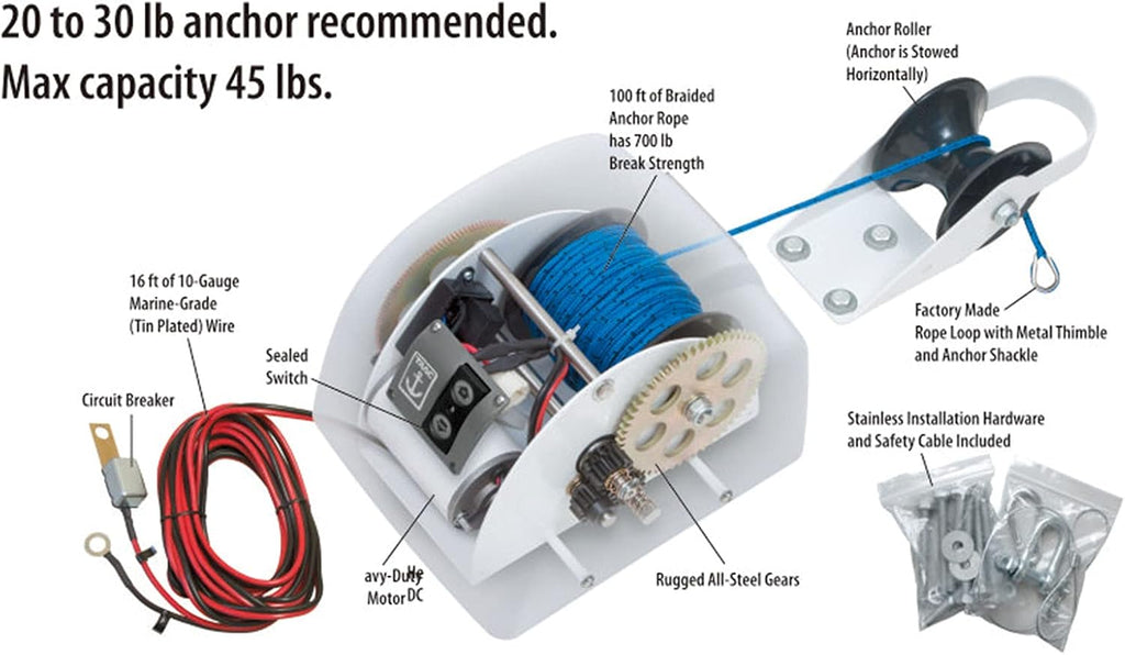 OUKANING Boat Electric Anchor Winch, Anchors Up to 25/35/45 LBS, 12-Volt DC Boat Anchor Wench with Wireless Remote Control, High-Efficiency Marine Saltwater Anchor Windlass Kit Includes 100-feet Rope