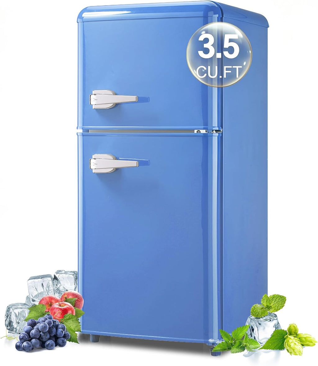 Retro Mini Fridge with Freezer 3.5 Cu. Ft, Small Refrigerator with 7 Level Adjustable Thermostat, Compact Classic Dual Door Fridge Removable Glass Shelves for Apartments, Dorm, Office, Blue