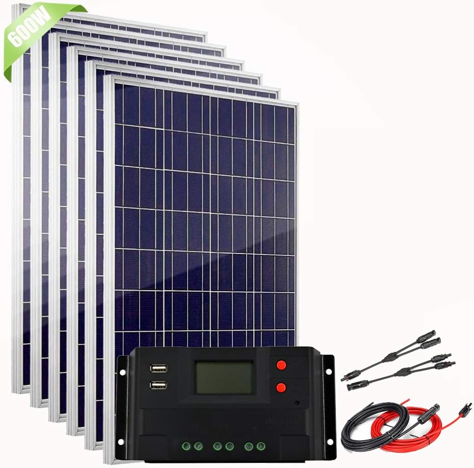 600 Watt 12V 24V Solar Panel Kit for Caravan,6pcs 100W Polycrystalline PV Panel with 60A LCD Charge Controller + Accessory