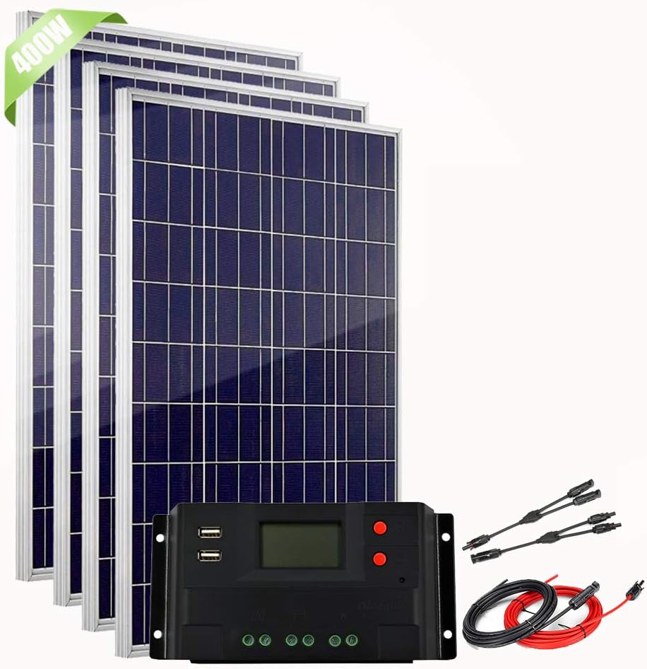 400 Watt Solar Panel Kit for Boat 12V 24V Battery Charger, 4pcs 100W Polycrystalline Solar Panels with 40A LCD Charge Controller + Accessory