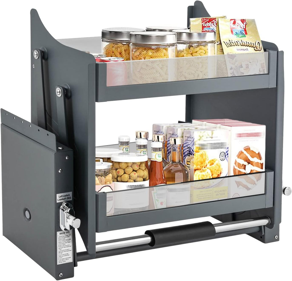 2-Tier Pull-Down Shelf, 24 Inch Heavy Duty Pull-Out Cabinet Shelf Drop Down Sliding Shelf Lift Inner Space Saving Wall Mounted Spice Rack Organizer for Kitchen Appliance Lift Upper Cabinet