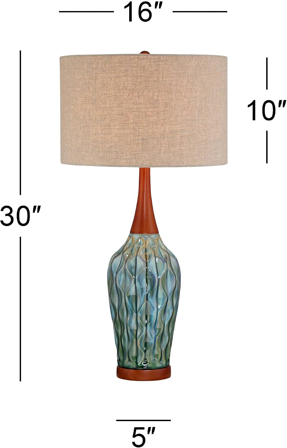 360 Lighting Rocco Mid Century Modern 3-Way Table Lamp with Table Top Dimmer 30' Tall Blue Teal Glaze Ceramic Cherry Wood Linen Fabric Drum Shade for Cottage Core Living Room (Colors May Vary)