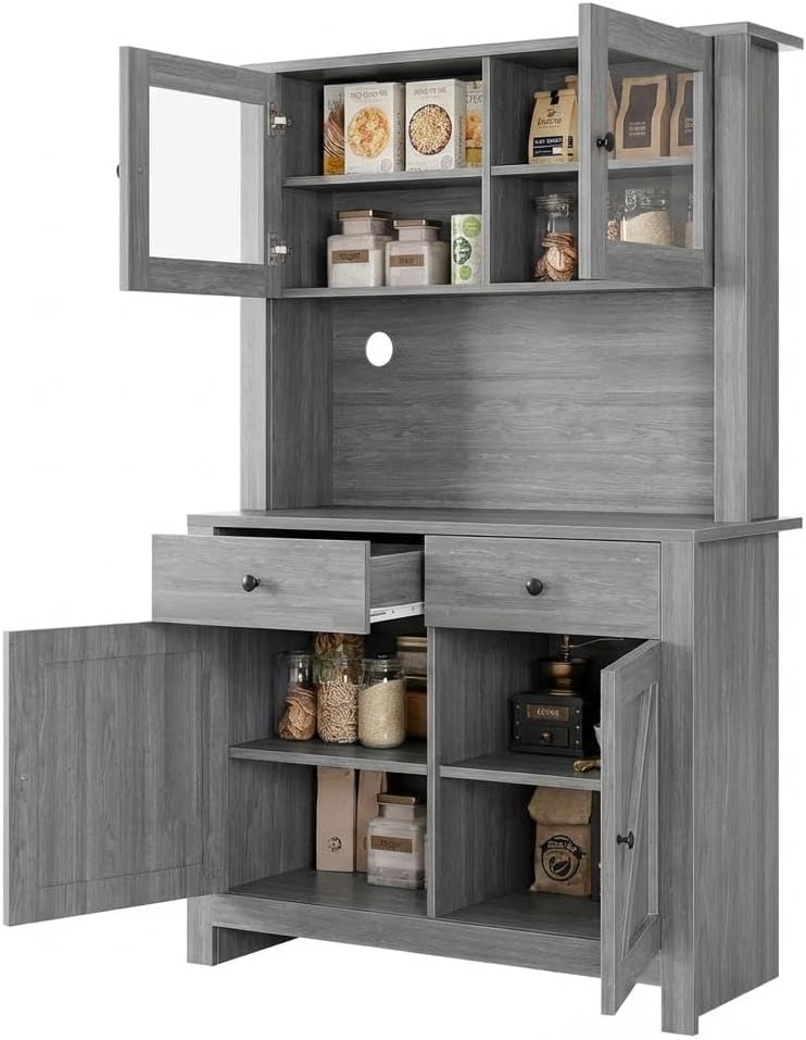 63' Tall Farmhouse Kitchen Pantry Cabinet with Microwave Stand, Freestanding Pantry Hutch Cabinet with Adjustable Shelves, Drawers & Countertop, Buffet Cupboard for Dining & Living Room Storage, Grey