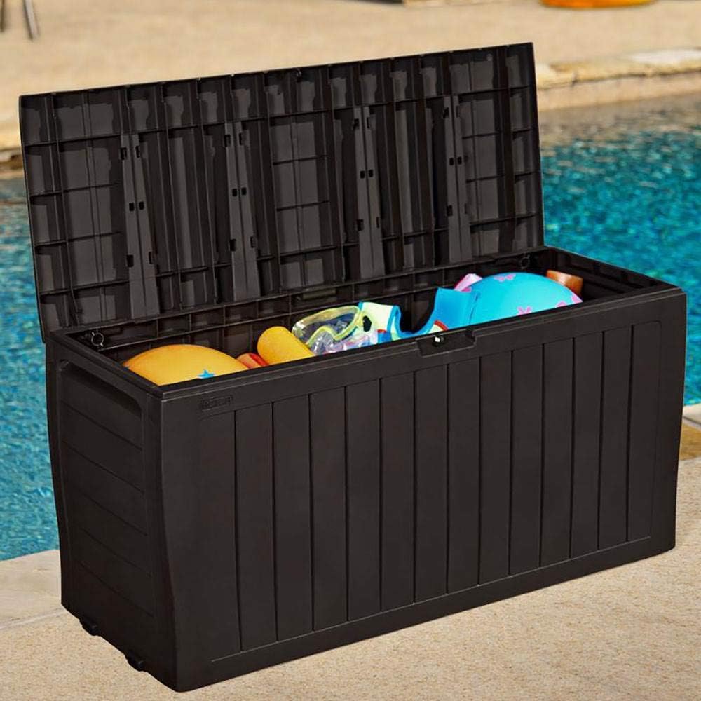 Greesum 3 Pieces Patio Furniture PE Rattan Wicker Chair Conversation Set, Brown and Beige & Keter Marvel Plus 71 Gallon Resin Deck Box-Organization and Storage