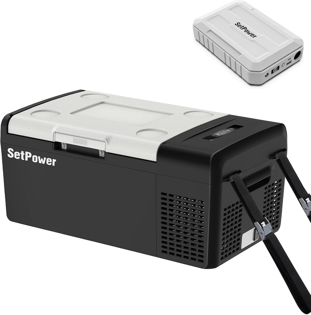 Setpower Car Refrigerator with PG216 Portable Power Station Electric Cooler 15L/15.8QT, Car Fridge Portable Freezer 12V Refrigerator 12/24V DC 110/240V AC for Truck RV Travel Road Trip, Black