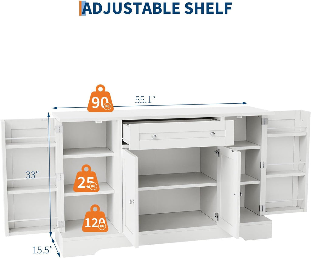Modern Sideboard Buffet Cabinet with Storage, 55 in Wood Coffee Bar Cabinet with Drawer, Shelves & Door Shelves, Buffet Table Credenzas for Kitchen Dining Room Living Room, White