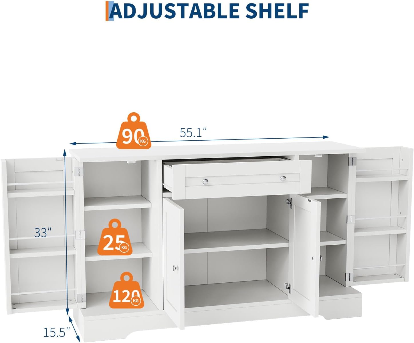 Modern Sideboard Buffet Cabinet with Storage, 55 in Wood Coffee Bar Cabinet with Drawer, Shelves & Door Shelves, Buffet Table Credenzas for Kitchen Dining Room Living Room, White