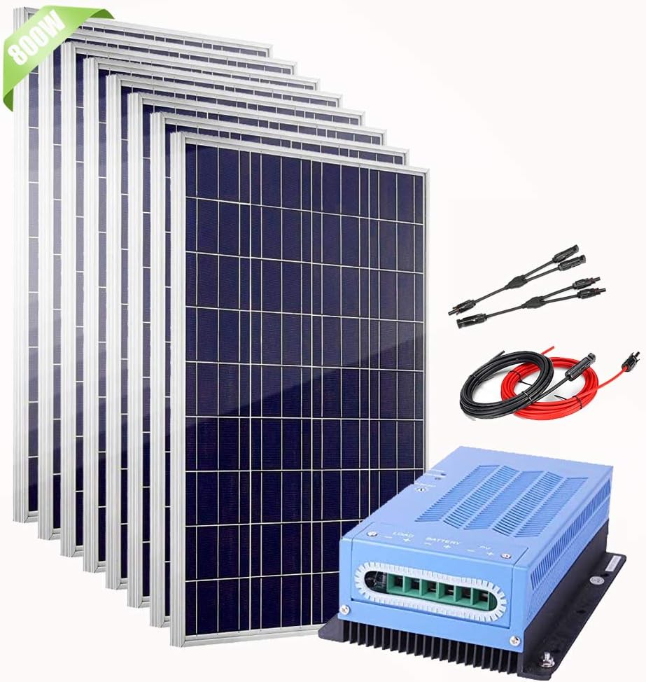 800 Watt Solar Panel Kit for Home:8pcs 100W Polycrystalline PV Panel with 40A MPPT Charge Controller & Accessory 12V 24V Off-Grid System