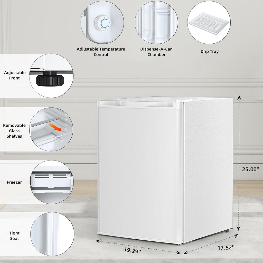 Antarctic Star Compact Refrigerator with Freezer, 2.6 Cu.Ft Mini Fridge with Adjustable Thermostat,Single Door,Removable Glass Shelves for Dorm/Kitchen/Office,WHITE