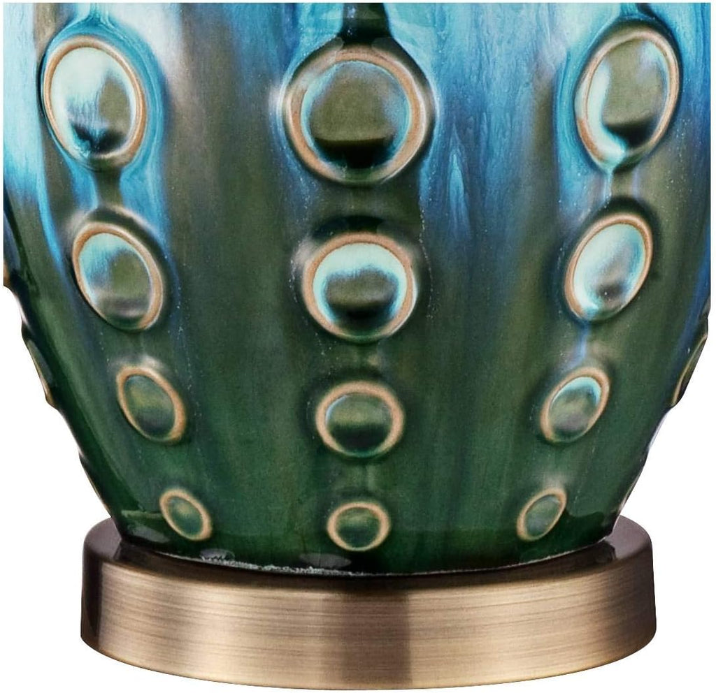 360 Lighting Mid Century Modern Style Vase 3-Way Table Lamp with Table Top Dimmer 26.5' High Teal Ceramic Tan Fabric Drum Shade for Living Room Bedroom House Bedside Home Office (Color May