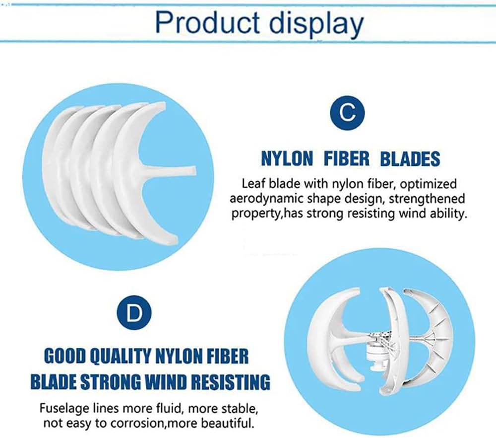 Wind Turbine Generator Kit, 1000W White Lantern Vertical Wind Generator, 5 Blades Wind Turbine Generator with Controller, Breeze Starts, for Home, Street Lights, Monitor