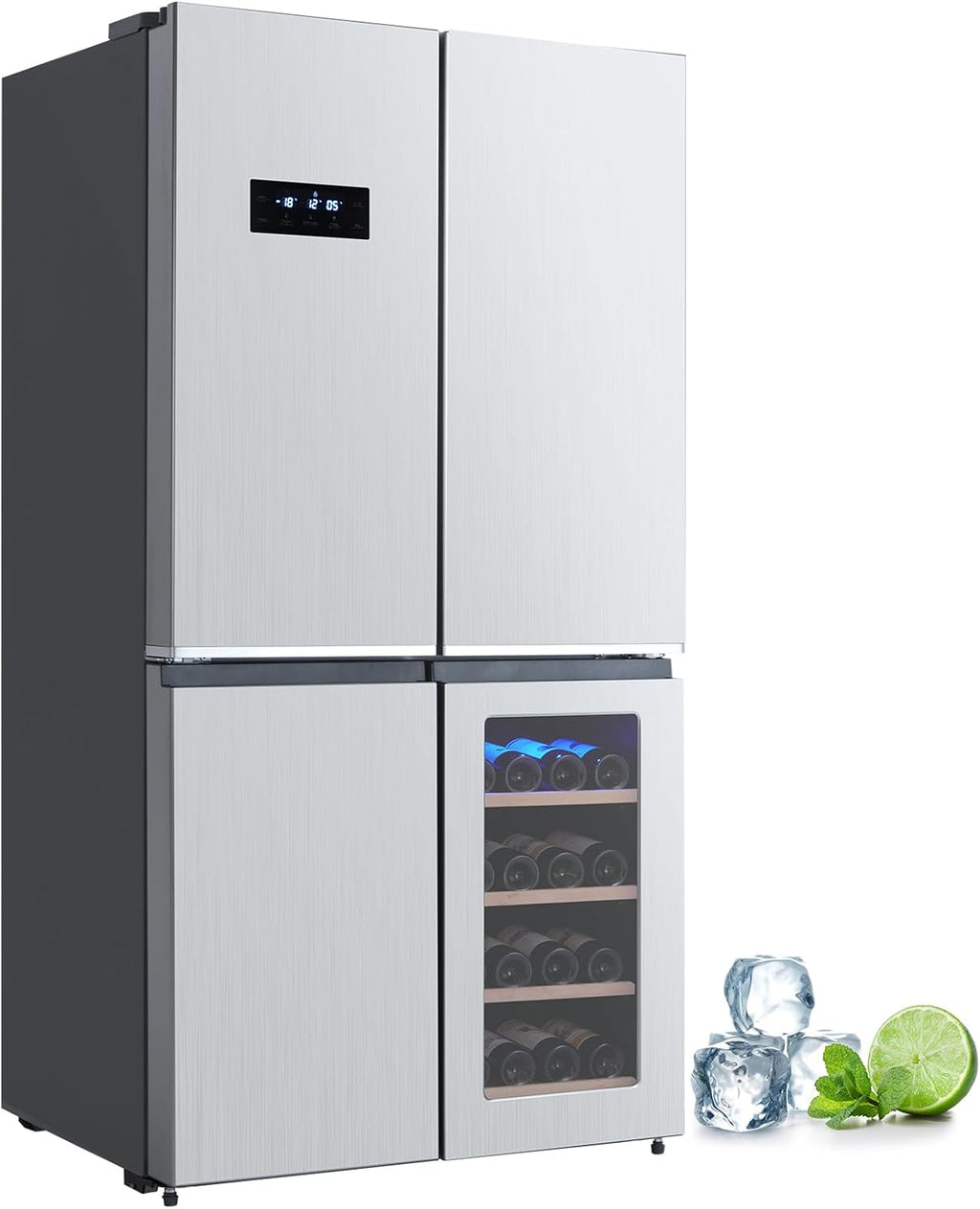 GarveeLife 36 In French Door Refrigerator, 21 Cu.Ft. Counter Depth Refrigerator Bottom Freezer with Wine Cabinet, Stainless Steel 4 Doors Fridges Kitchen Freezer, Adjustable Shelves