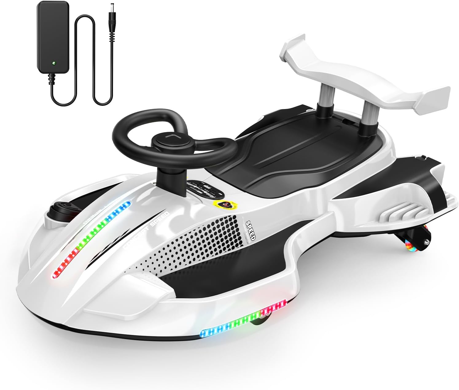 12V Electric Wiggle Car Ultra with Pedals, Rechargeable Swing & Drift Car, Anti-Rollover Design with Backrest, Spray, Flashing Lights, Music & Bluetooth, for Ages 3 and Up, 150 lbs(White + Black)