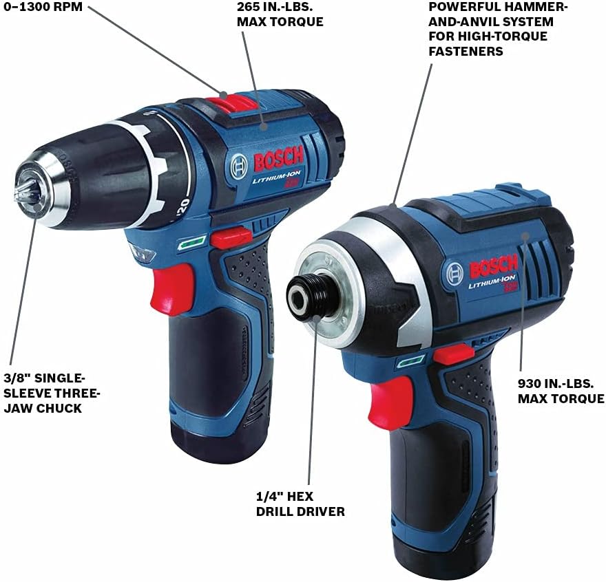 BOSCH CLPK22-120 12V Max Cordless 2-Tool 3/8 in. Drill/Driver and 1/4 in. Impact Driver Combo Kit with 2 Batteries, Charger and Case & Bosch MS4041 41-Piece Drill and Drive Bit Set