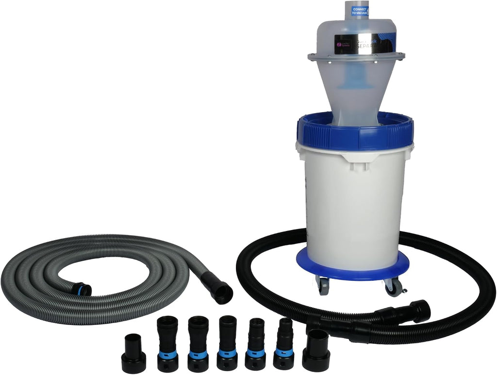 Cen-Tec Systems Assembled Quick Click Dust Separator and 5 Gallon Locking Collection Bin with Caster Dolly and Power Tool Adapter Set with 16 Ft. Hose