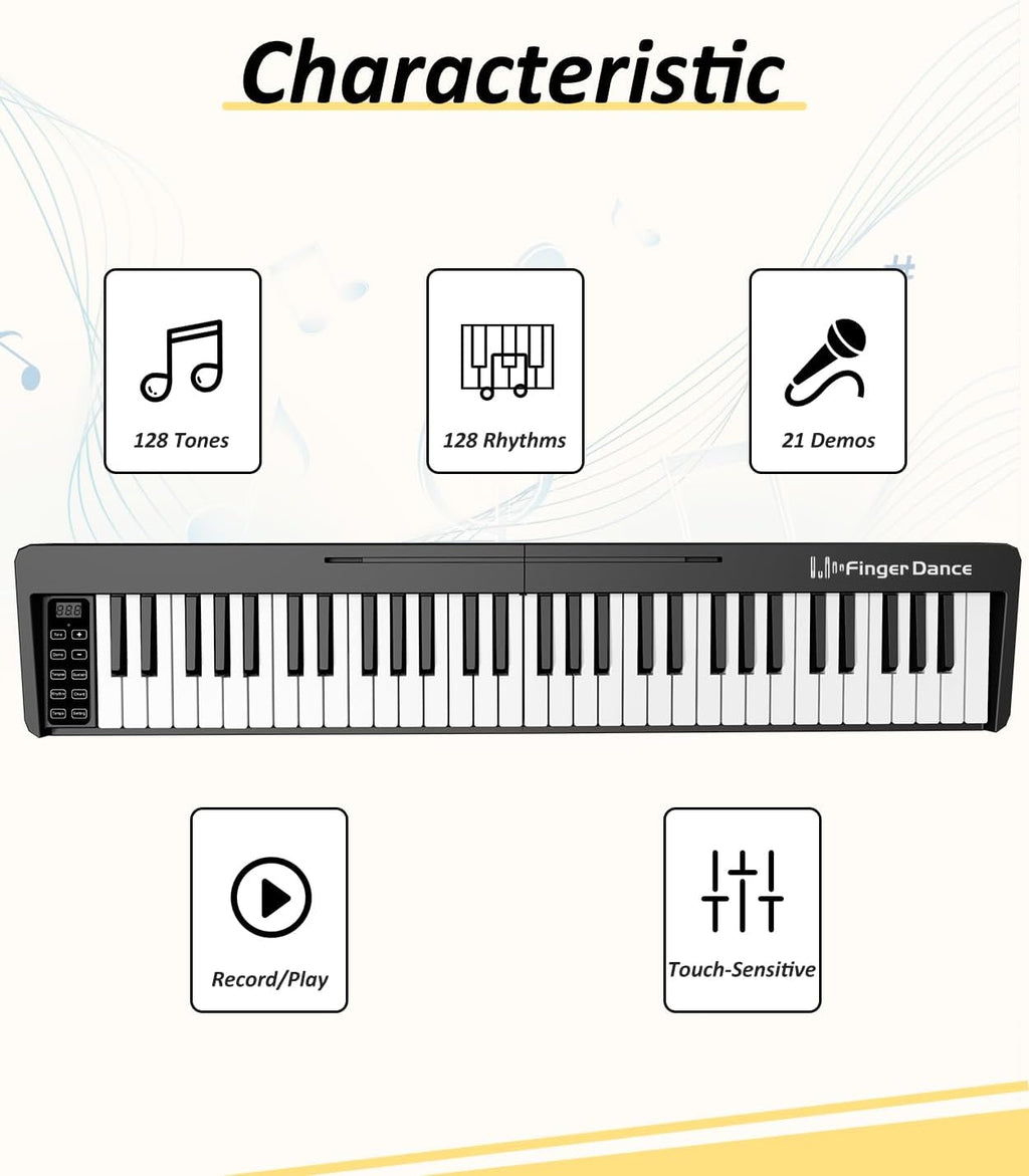 Finger Dance 61 Key Folding Piano Keyboard, Upgrand Imitation Wood Texture Keyboard Portable Piano, Bluetooth & MIDI, Foldable Keyboard Piano for Beginner - Deep Black