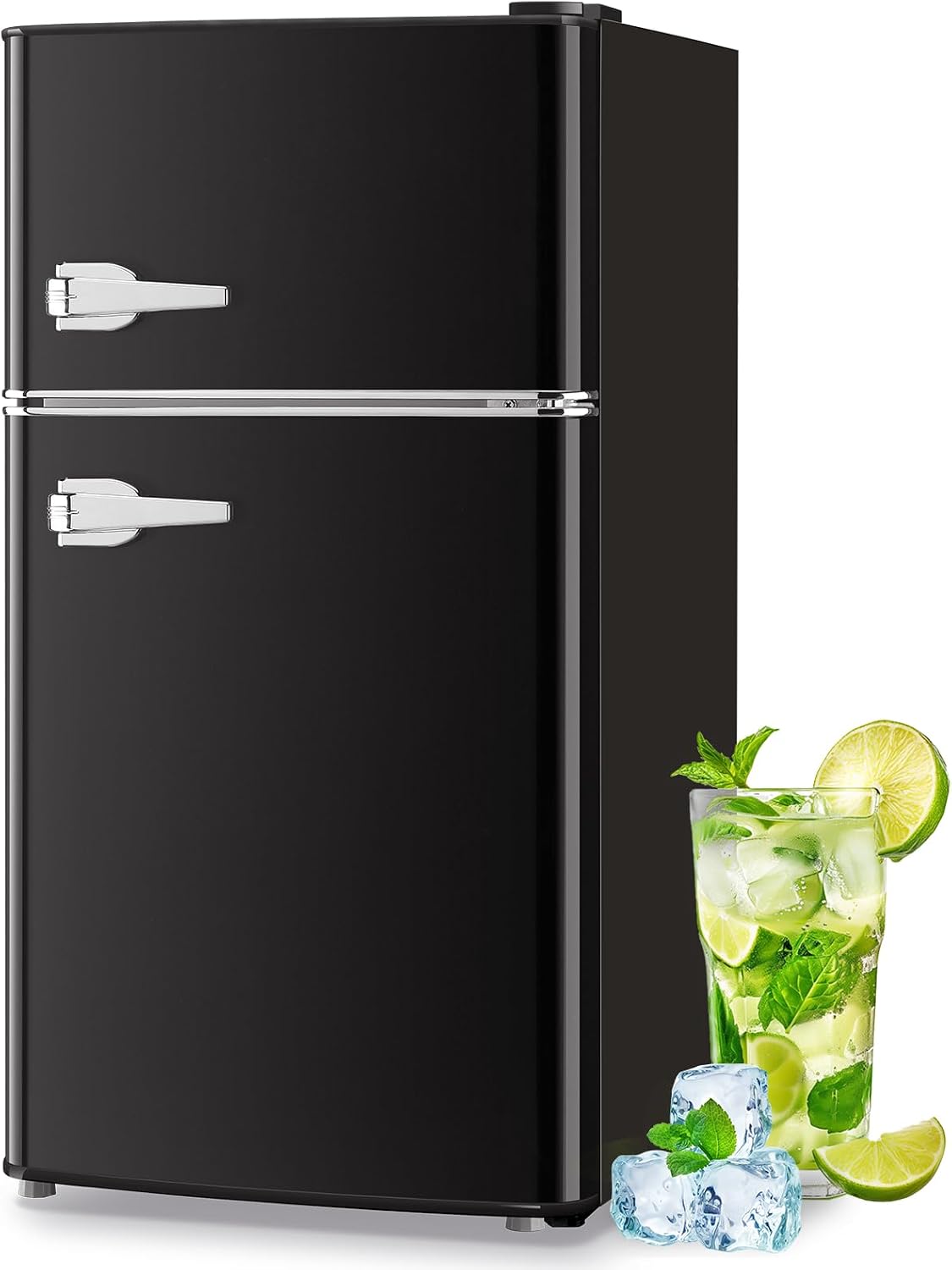 Mini Refrigerator with Freezer Small Fridge Double Door Side Drink Holder Adjustable Glass Shelves, Plastic Crisper, 7 Level Temperature Control for Bedroom, Office, Apartment Black