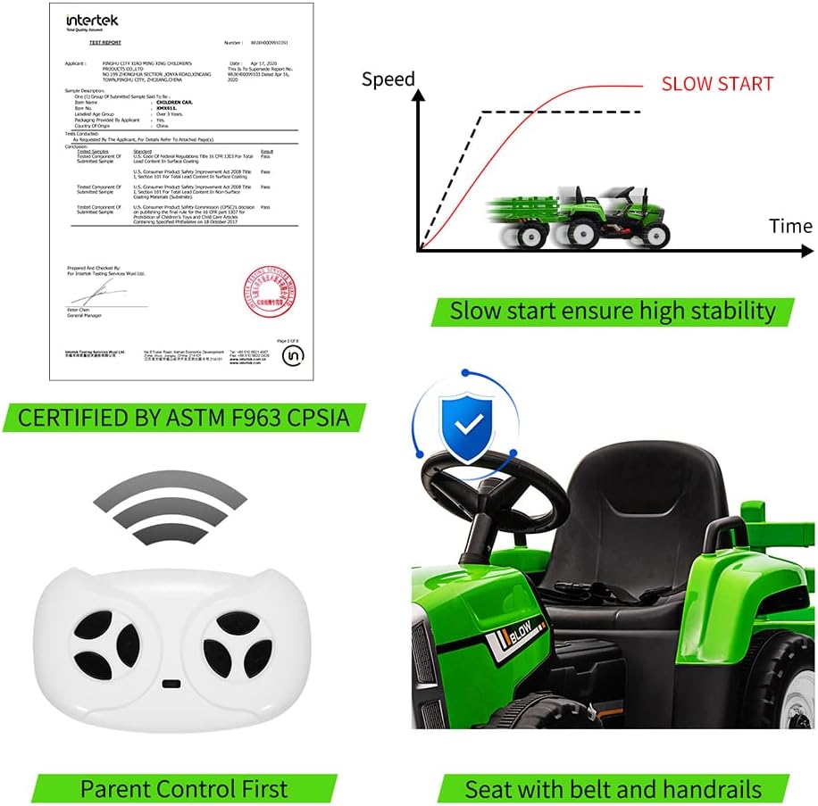Kids Ride On Tractor with Green Trailer & Remote Control, 12V Toddler Battery Powered Electric Vehicle with Slow Start 7LED Headlights USB Music Player 2+1 Gear Shift, Green Trailer, 25W/Treaded Tires