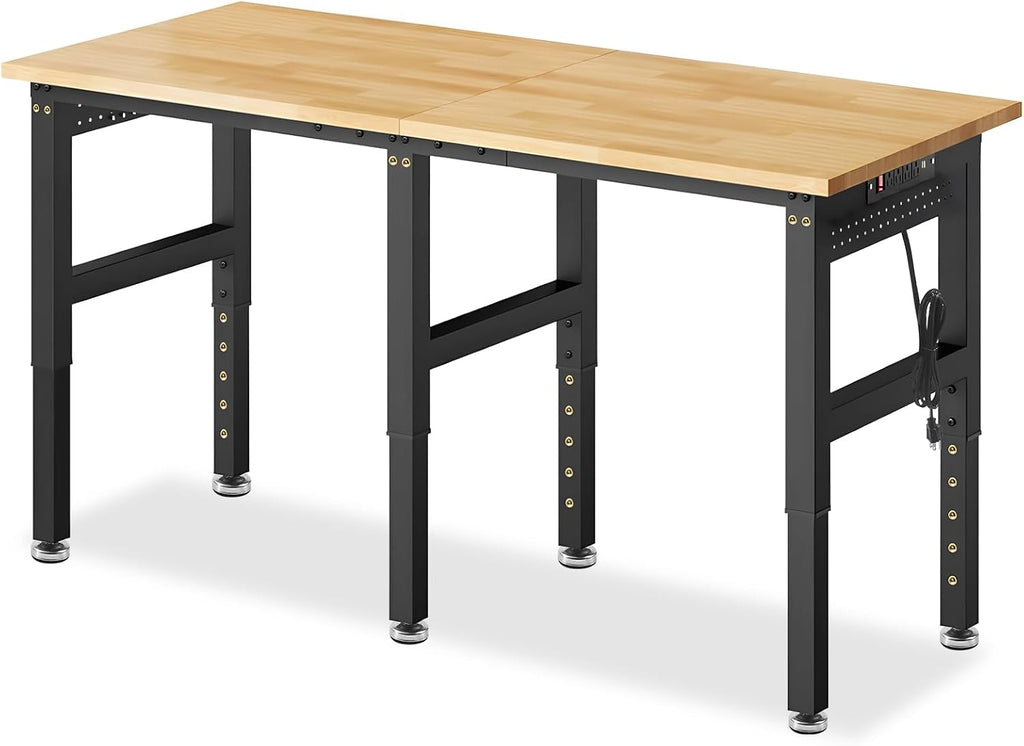 72' Adjustable Height Workbench, 5000 LBS Heavy Duty Table Rubber Wood Workstation with Power Outlet & Pegboard for Garage, Office, Workshop, Home,Commercial