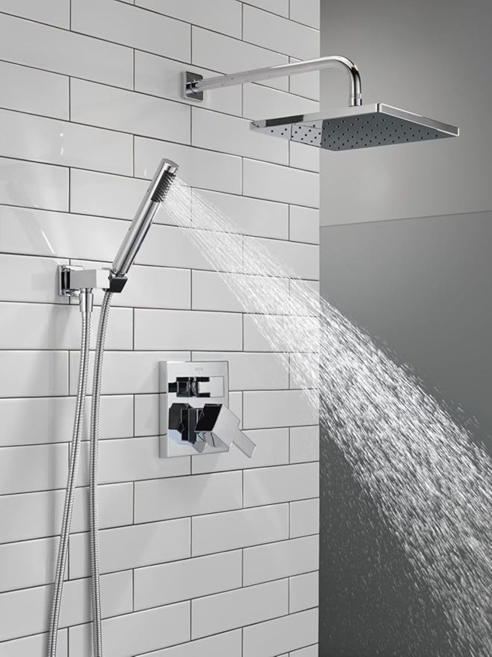 Delta Modern 14 Series Square Rain Shower System Faucet Set, Rainfall Chrome Shower Head and Handle Set, Valve Trim Kit, 10 Inch, Chrome 342701