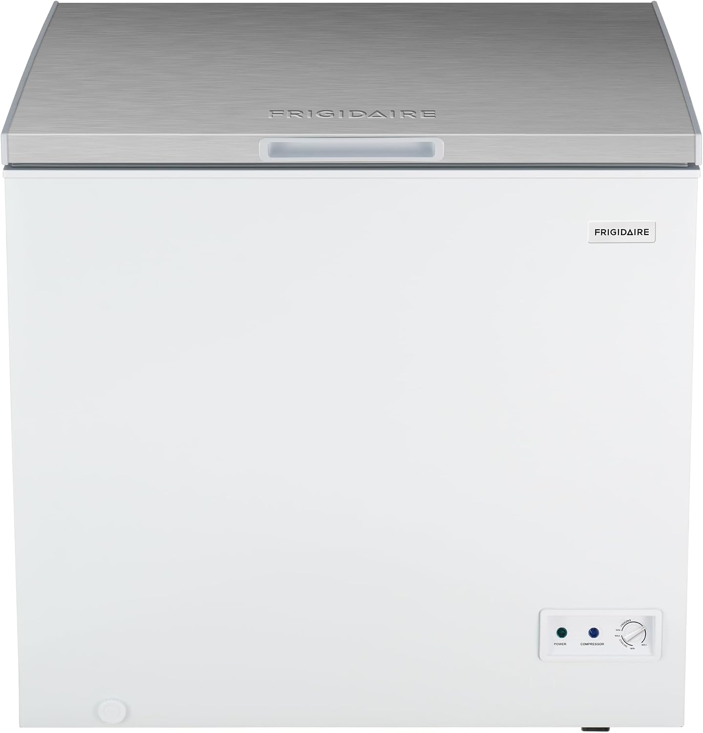 Frigidaire Chest Deep Freezer, 7 Cu. Ft. Capacity, Shiny Stainless Steel Top Lid Design-Adjustable Thermostat-Removable Vinyl Coated Wire Basket-Easy Defrost Drain- Garage Ready