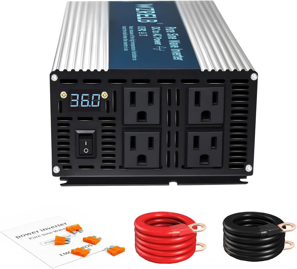 WZRELB 2000W Pure Sine Wave Inverter 24V DC to 110V 120V AC Power Converter with LED Display, Off-Grid Portable Power Inverter with 4 AC Outlets for Home, RV, Truck, Camping