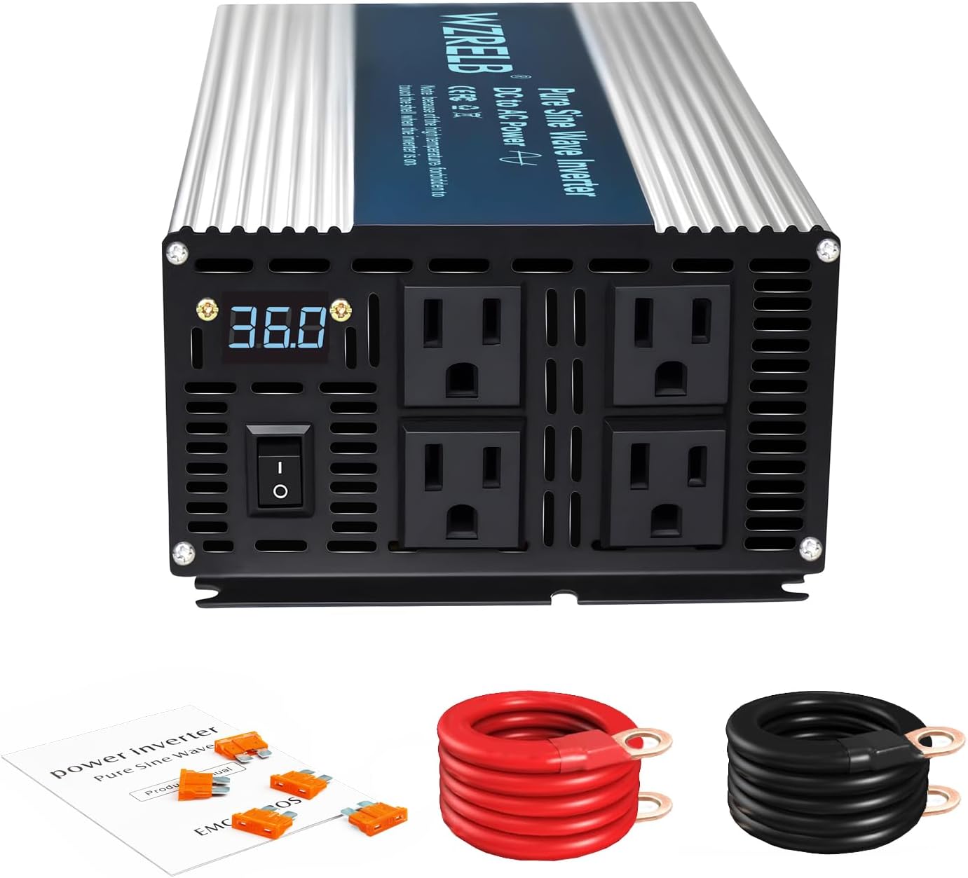 WZRELB 2000W Pure Sine Wave Inverter 36V DC to 110V 120V AC Power Converter with LED Display, Off-Grid Portable Power Inverter with 4 AC Outlets for Home, RV, Truck, Camping