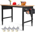 48' L×24'W Adjustable Workbench with Wheels, 28'-40'Height Heavy Duty Table 2000 LBS Load Capacity, Work Bench with Power Outlet & Pegboard, Rubber Wood Work Table for Garage, Office, Workshop