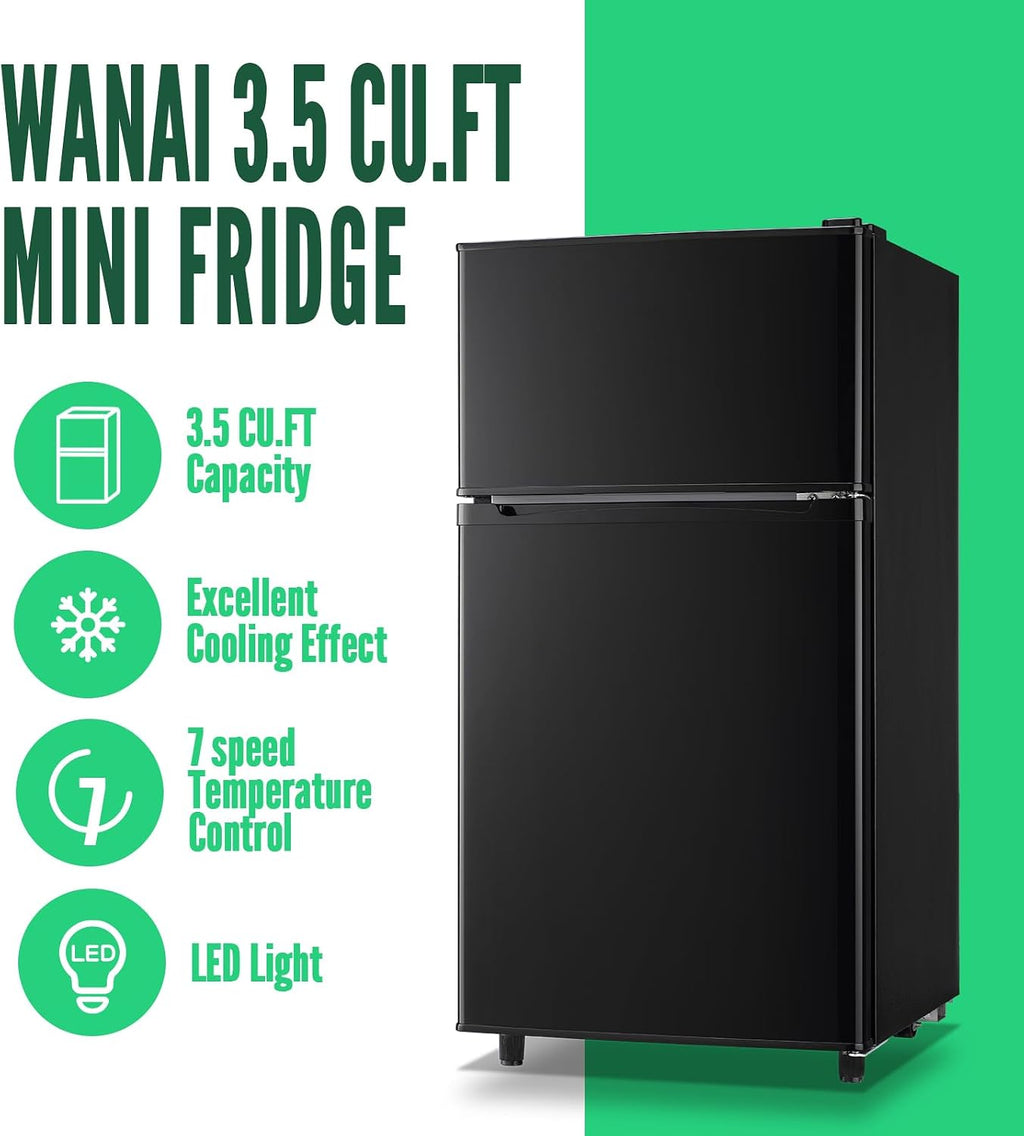 WANAI Mini Fridge with Freezer Small Double Door Refrigerator Freezer-on-Top, Black Fridge with 7 Adjustable Thermostat and Adjustable Shelves