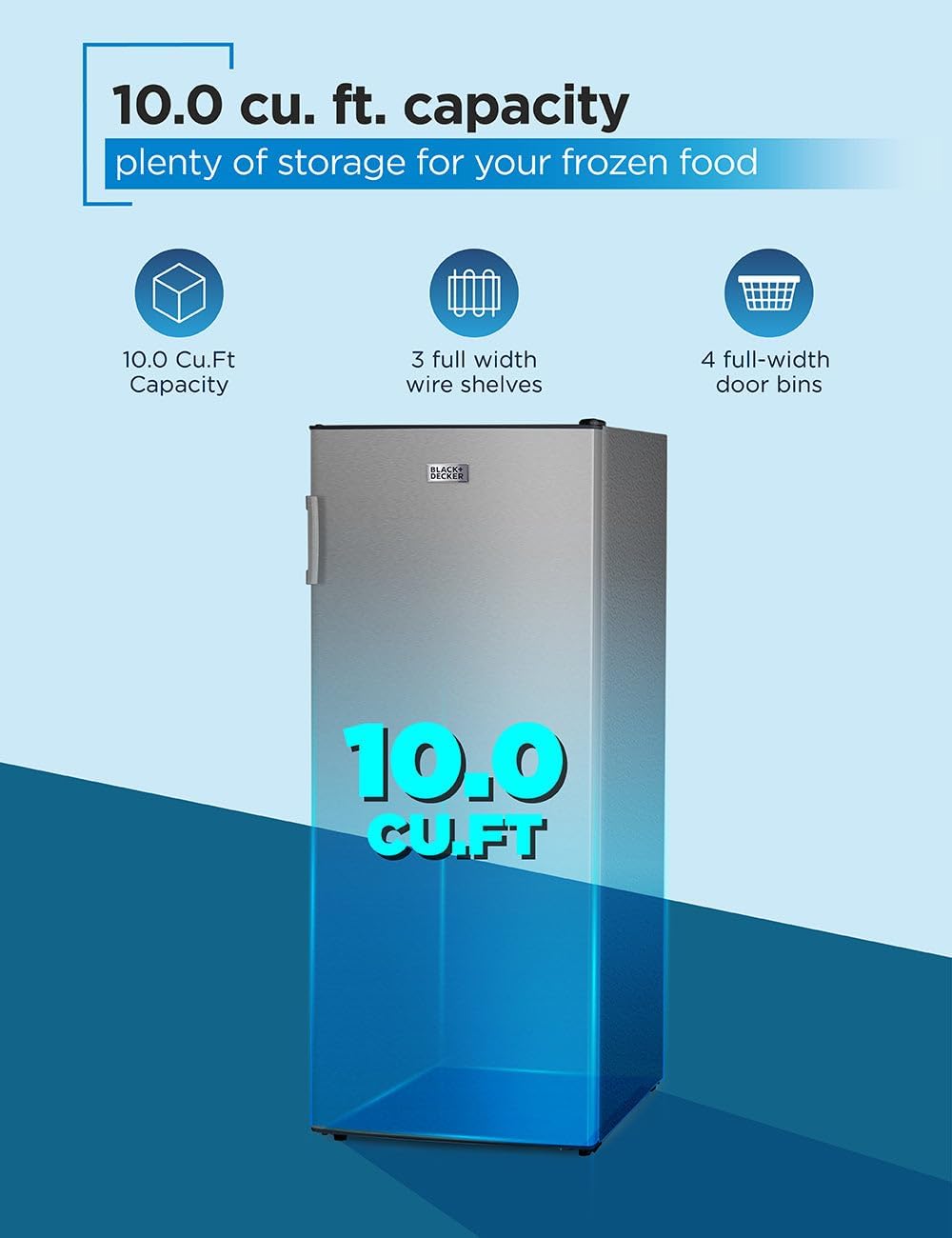 BLACK+DECKER 10 Cu. Ft. Upright Freezer, Stand Up Freezer with Mechanical Temperature Control, Freezer with 3 Shelves and 4 Door Bins, Manual Defrost, R600a Refrigerant, BUF1000LS,Stainless Steel Look
