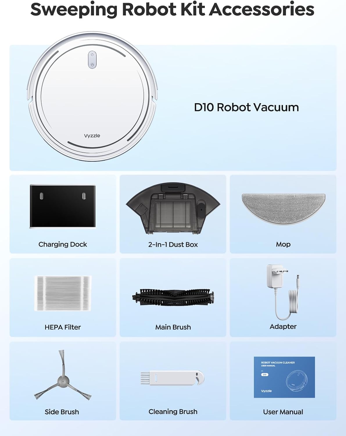 Vyzzle Robot Vacuum and Mop, Smart Navigation Robot Vacuum with 5000Pa Suction, Ultra Slim Robot Vacuum Cleaner, 150Mins Max, App/Alexa Control for Pet Hair, Hard Floor, Carpet, Customized Cleaning