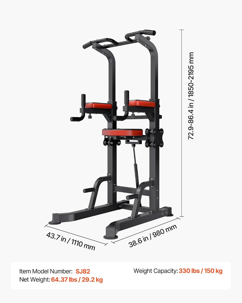 VEVOR Pull Up Bar, 330 LBS Power Tower Dip Station, Workout Dip Station with H-Shaped Stable Base & Assistance Platform, Adjustable 9 Level Height Pullup Stand for Back, 3-Level Adjustable Elbow Pads