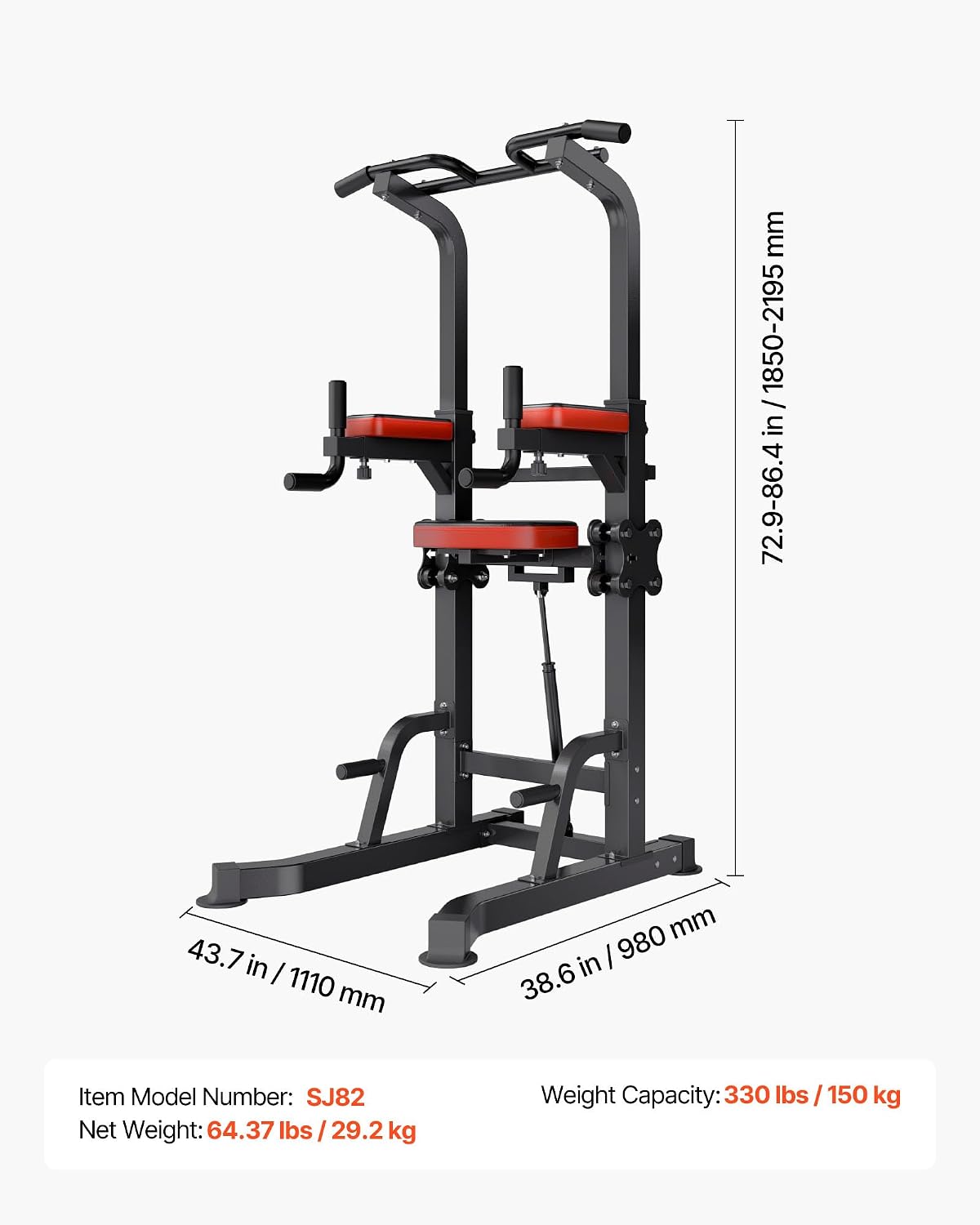 VEVOR Pull Up Bar, 330 LBS Power Tower Dip Station, Workout Dip Station with H-Shaped Stable Base & Assistance Platform, Adjustable 9 Level Height Pullup Stand for Back, 3-Level Adjustable Elbow Pads