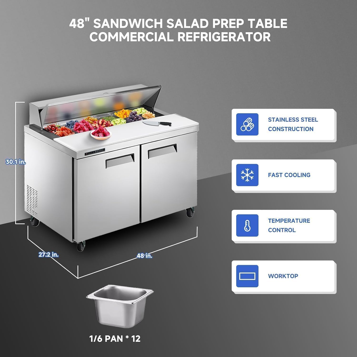 GarveeLife Commercial 48' Sandwich & Salad Prep Refrigerator - Stainless Steel Double Door Undercounter Fridge with 12 Food Pans, Cooling Counter, Cutting Board Worktop, Adjustable Shelf, 12.9 cu. ft