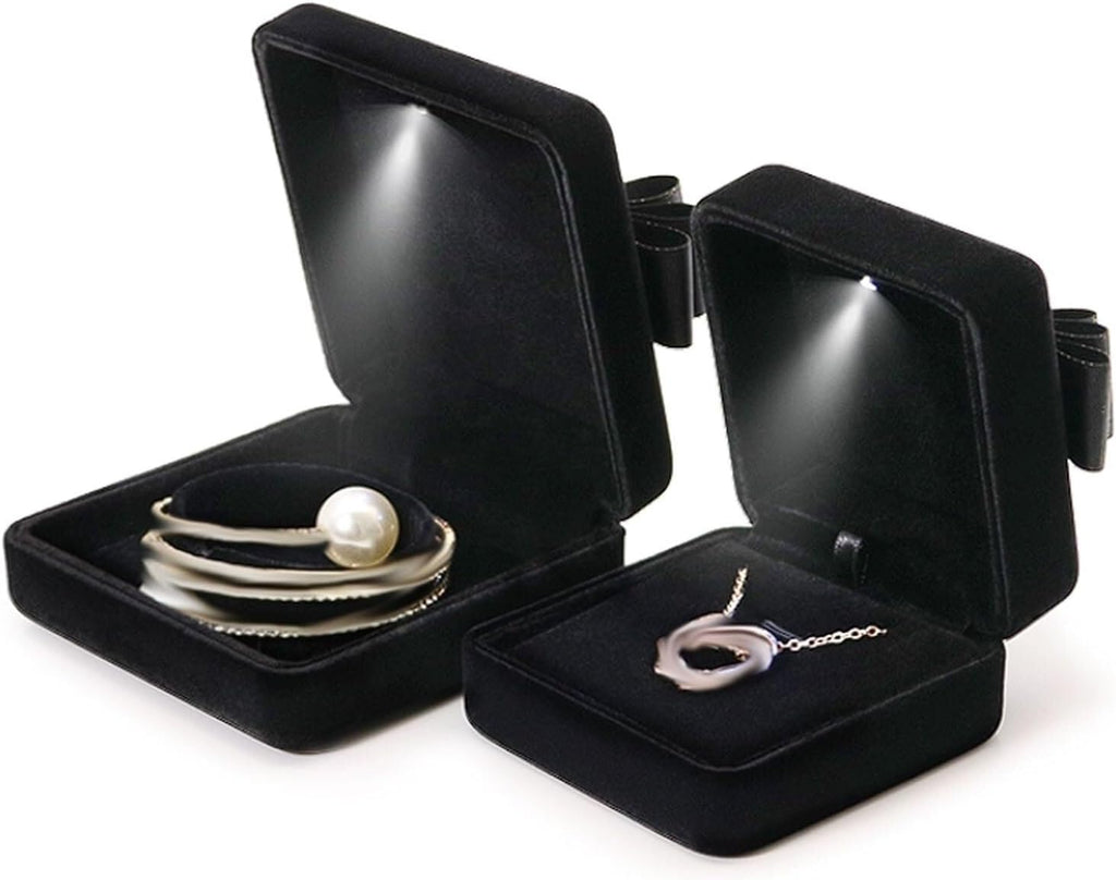 Rieort 5-Piece Jewelry Box Set Black Silk Jewelry Storage Box LED Light Necklace Box Women Jewelry Organizer Louver Design Display Box