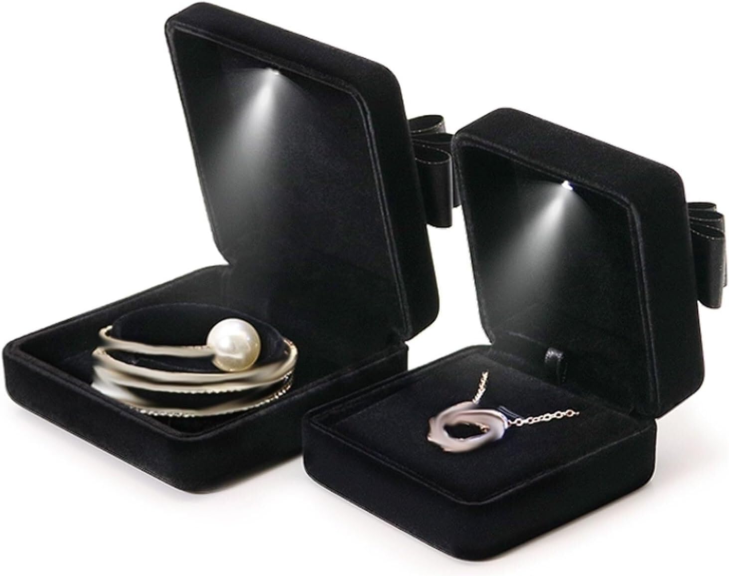 Rieort 5-Piece Jewelry Box Set Black Silk Jewelry Storage Box LED Light Necklace Box Women Jewelry Organizer Louver Design Display Box