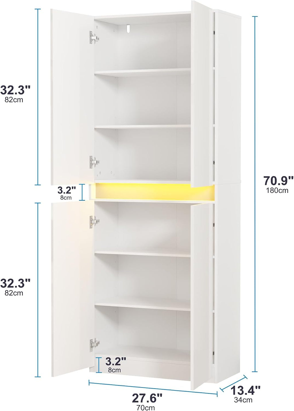 Furnify 71' Tall Pantry Storage Cabinet, Kitchen Pantry with High Gloss Doors, Modern Buffet Hutch Cabinet with Led Light and Adjustable Shelves for Dining Room, Living Room, White