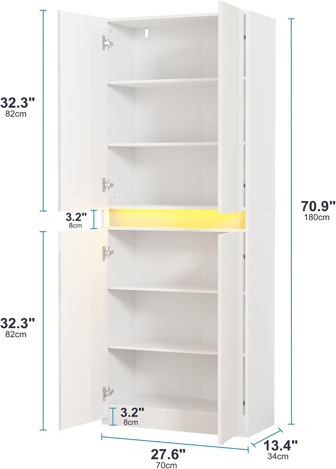 Furnify 71' Tall Pantry Storage Cabinet, Kitchen Pantry with High Gloss Doors, Modern Buffet Hutch Cabinet with Led Light and Adjustable Shelves for Dining Room, Living Room, White