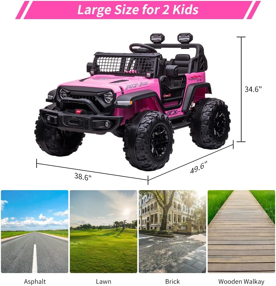 24V 2 Seaters Kids Ride On Truck with Remote Control, 20' Large Seat + 15.5' Large Wheels, Electric Vehicle Car with LED Light, Storage Space, Bottle Holder,Music, Horn,USB for 3-8 Years (Pink)