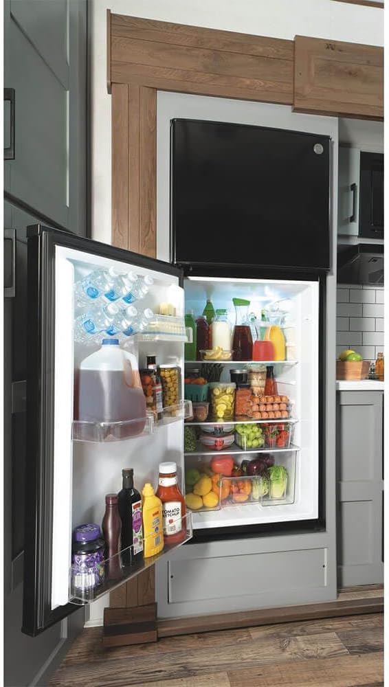 GE GPV10FGNBB 24' Top Freezer Refrigerator with 9.93 cu. ft. Capacity 12V DC Power Only LED Lighting and Adjustable Spillproof Glass Shelves in Black