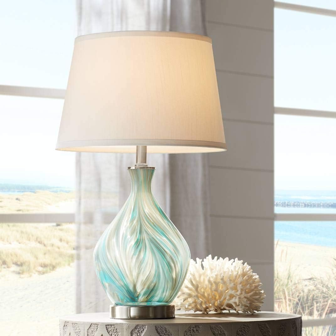 360 Lighting Cirrus Coastal Modern Style Accent 3-Way Table Lamp with Table Top Dimmer 22' High Blue Gray Art Glass White Fabric Tapered Drum Shade for Living Room Bedroom Bedside (Color