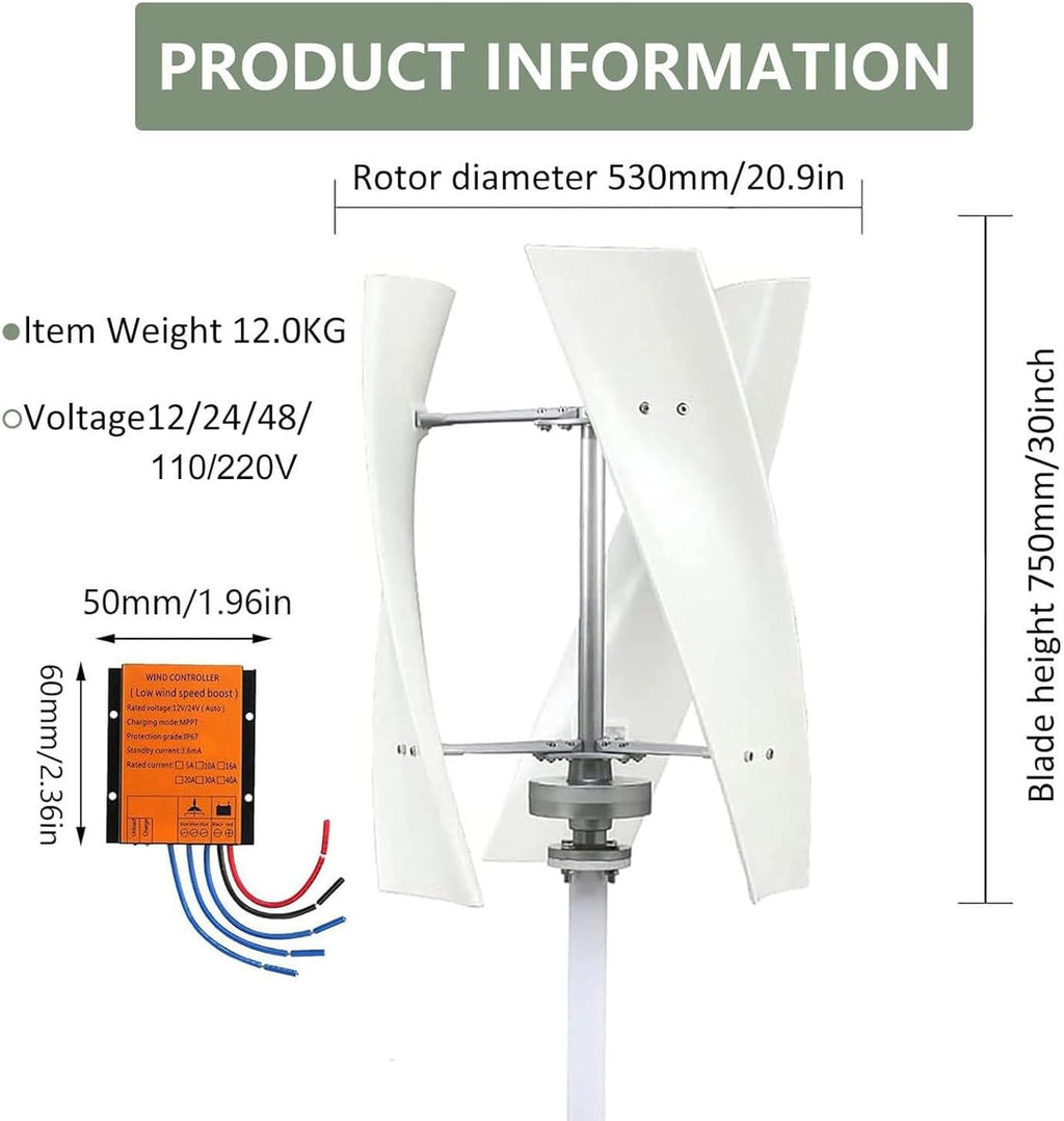 12V 24V 48V Windmill Wind Turbine Generator with MPPT Controller, 10000W Portable Vertical Helix Wind Power Turbine Generator, 3 Blade Wind Generator Kit or Home Energy Supplementation,220V