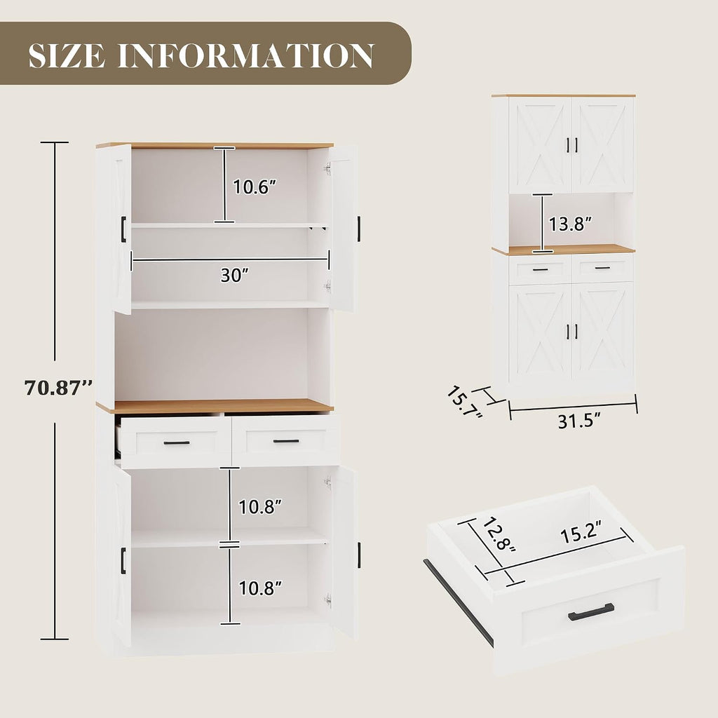 71' Kitchen Pantry Storage Cabinet, Kitchen Hutch with Microwave Stand and Adjustable Shelves Freestanding Cupboard for Dining Living Room, White